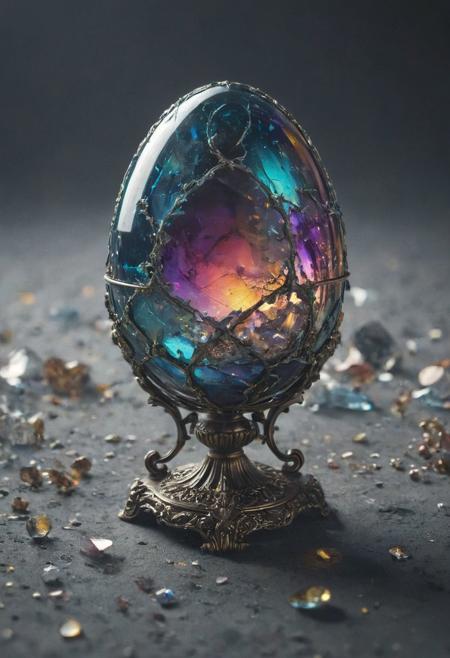 Faberge egg made with crystalline carapace, iridescence color, fine reflection 
Wide range of colors., Dramatic,Dynamic,Cinematic,Sharp details
Insane quality. Insane resolution. Insane details. Masterpiece. 32k resolution.
<lora:add-detail-xl:0.95> <lora:dvr-lnds-sdxl:0.3> dvr-lnds-sdxl <lora:MJ52:0.25> <lora:ral-apoctvisn-sdxl:0.3> ral-apoctvisn <lora:zavy-cntrst-sdxl:0.35> dark, chiaroscuro, low-key <lora:zavy-rmlght-sdxl:0.41> zavy-rmlght <lora:SDXLFaeTastic2400:0.225>
