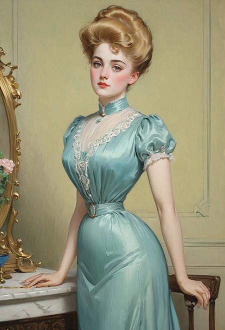 1boy, 1girl, masterpiece, 4k, uhd, Women are tall, women are haughty, women are elegant, women are superior, women are beautiful with high and prominent cheekbones, women have beautiful natural tan skin tones without makeup and long and luxuriant blonde hair, women wear tight Edwardian dresses and narrow fitted skirts. women have prominent feminine features, women are hale and hearty and mirthful,  women have full lips and a slight smirk, Men are tiny and short, men are sniveling and nervous, men have short hair and timid expressions. The scene is moody, the dominant color being the bright color of the woman's lips. an oil painting by Charles Dana Gibson. An elegantly dressed, very tall and dominant Gibson Girl in a palatial room <lora:hand 4:1>hand <lora:Microwaist_XL_v01:1> <lora:Gibson_XL:0.4> by g1bs0n <lora:Belle_Epoque_Dresses_1880-1914_XL:0.4>  muted 1910_dr3ss <lora:add-detail-xl:2>