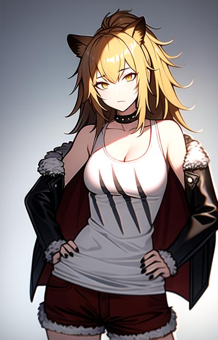 1girl, solo, siege (arknights), breasts, looking at viewer, long hair, white background, shirt, jacket, black jacket, simple background, choker, cowboy shot, fur trim, fur-trimmed jacket, hands on hips,  black choker, white shirt, medium breasts, shorts, nail polish, closed mouth, red shorts, tank top, cleavage, mature female, <lora:Siege:1>,