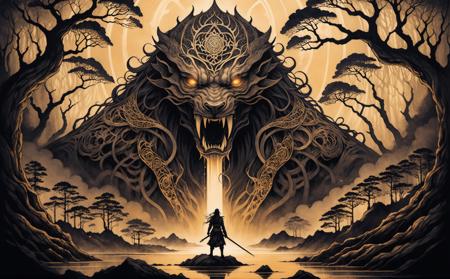 Japanese Ink Drawing, Dark Fantasy Art, DMT Art Style, A captivating scene unfolds where a formidable creature, embodying the essence of both a warrior and a subtle, festive spirit, looms. This being, whose very aura resonates with the hues of sun-kissed gold, stands poised in an elusive forest. Its appearance is an intricate blend of fearsome strength and a strangely inviting charm. Adorned with nature's own ornaments that hint at a seasonal, celebratory theme, it exudes an enigmatic mix of menace and mystery. The setting sun casts a golden glow, accentuating its formidable silhouette against the dense, whispering woods., bright colors, surreal visuals, swirling patterns, DMT art style, dark, moody, dark fantasy style, ink drawing, inkwash, Japanese Ink Drawing