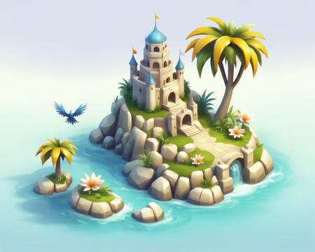 simple_background, white_background, flower, water, tree, pokemon_(creature), no_humans, bird, grass, rock, palm_tree, tower, faux_figurine, no humans, palm tree, pokemon (creature), white background, castle, simple background