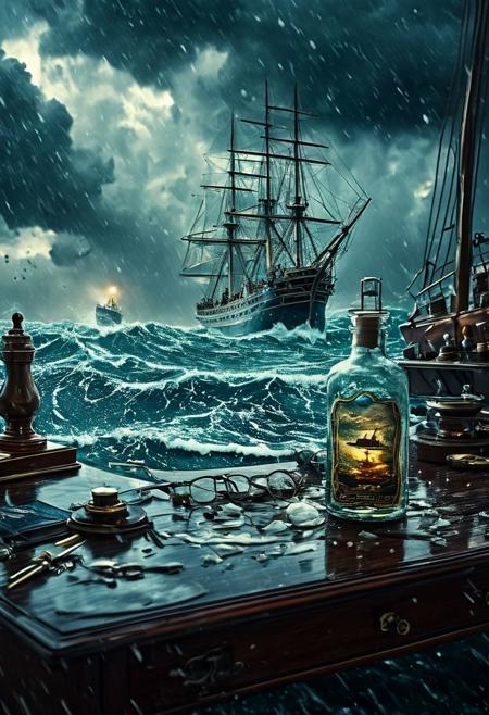 A breathtaking image of a ship sailing on extremely dangerous and choppy seas contained within a bottle on a desk, a storm overhead, highly detailed, high quality surreal image, movie poster style