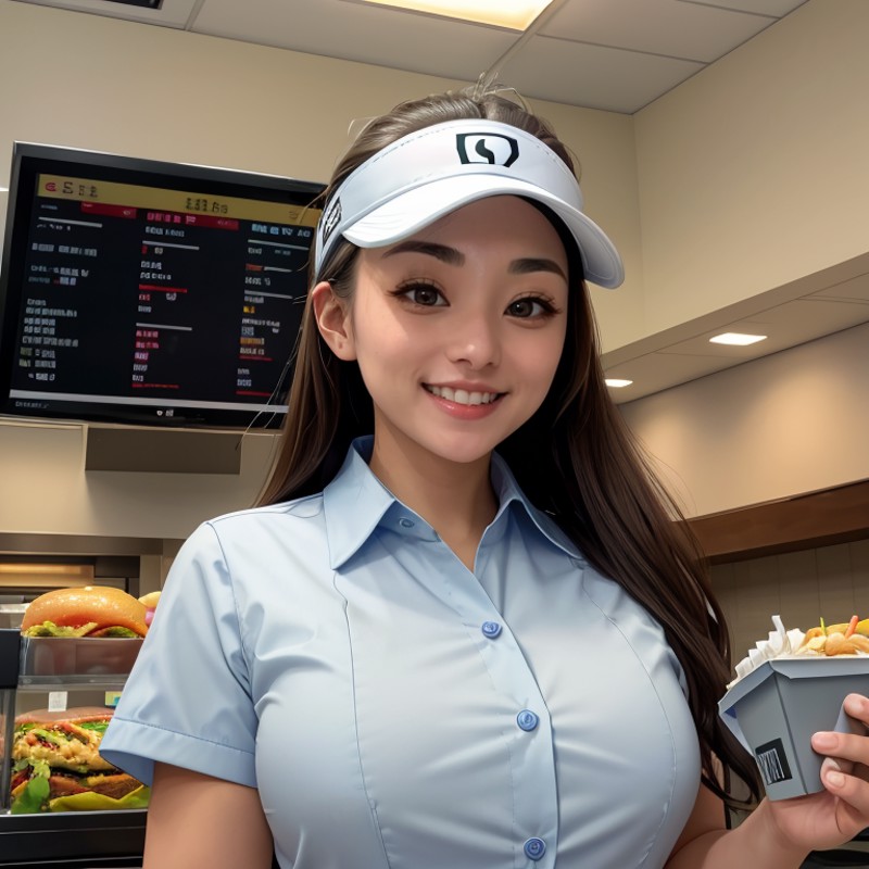 RAW photo, 1girl, solo, from front, YuuSakra, looking at viewer, cashier, behind cash register, uniform, collared shirt, b...