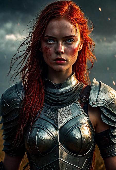 Ultra detailed digital art masterpiece beautiful Sadie Sink as Warrior girl dressed in a iron Armor and red mini skirt, Standing on a battlefield at the head of an army of knights, where a bloody slaughter is taking place, standing in battle pose, a dark epic fantasy, perfect lighting, beautiful Warrior girl, attractive woman, elegant, beautiful woman of athletic body, epic shot of the whole Warrior girl, unreal engine 5 nanite quality, dark fantasy, dark environment, very stormy day, LOTR style, dark washed out eyeliner, no make up, natural bloody pale face, realistic brown eyes, ultra detailed atmospheric details, beautiful glowing effects, sparkle effects, realistic body proportions, beautiful face proportions, complex masterpiece, wavy red hair, creative glowing detailed tattoos, complex physics, enhanced colors, complimentary colors, ultra detailed raytracing reflections, Ultra detailed complex background, environment feels alive, direct eye contact, dramatic lighting, wet and sweaty skin, beautiful firm Breasts, Daylight, Concept art by Greg Rutkowski, adding to the intense and dynamic atmosphere of the scene.