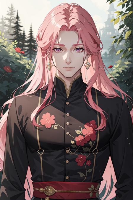 masterpiece, best quality, finely detailed eyes and detailed face, extremely detailed CG unity 8k wallpaper, 1 male, mature male, tall muscular, very long hair, pink hair, wavy hair, flowers, diamond, jewelry, garden, forest, portrait