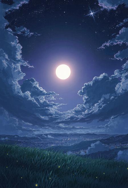 Anime night scene from a grassy hill, slow drifting clouds parting to reveal a glowing full moon, faint flickering stars begin to shimmer, fireflies floating softly near the ground, distant city lights twinkling far below, soft purple-blues and silver light, deeply emotional, ultra-detailed.
Inspired by: The Place Promised in Our Early Days