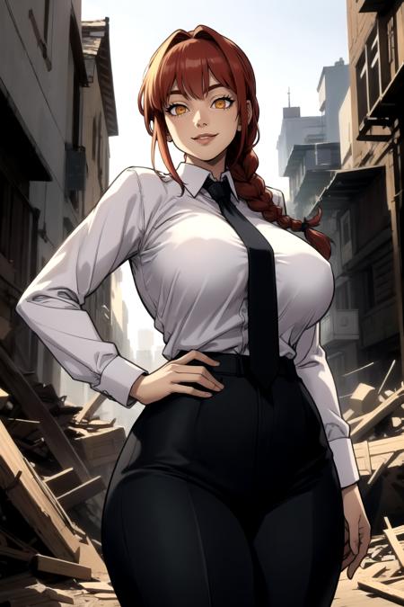 1girl, (solo:1.2), (looking at viewer:1.5), (interesting pose:1.2), (dynamic pose:1.2), (huge breasts:1.2), (happy:1.1), (cowboy shot:1.3), (curvy:1.4), wide hips, slender waist
<lora:Houtengeki [MockAi - v1.0]:0.8> houtengeki, soft shading, (masterpiece:1.3), (best quality:1.3), (perfect anatomy:1.4), highly detailed, <lora:Makima [nochekaiser881 - v1.0]:0.8> makima, long hair, smile, bangs, (yellow eyes:1.2), braid, red hair, braided ponytail, ringed eyes, shirt, long sleeves, white shirt, necktie, collared shirt, pants, black pants, formal, suit, black necktie, shirt tucked in, office lady, (post fight scenery:1.3), rubble, outside, daylight