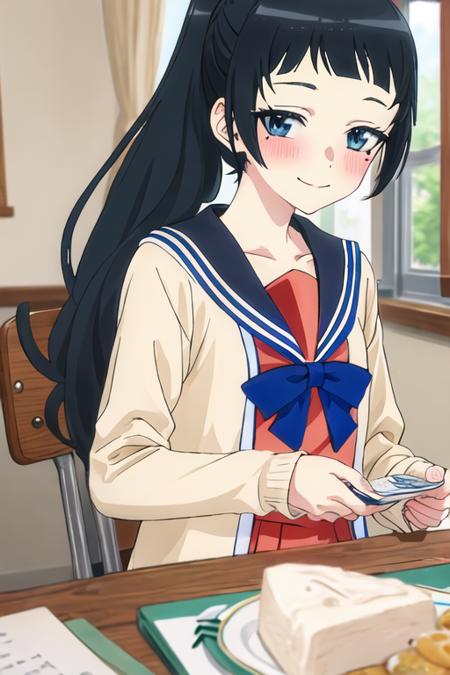 best quality, masterpiece, highres, solo, {chiyo_4ninwasorezoreusootsuku:1.15}, black_hair, long_hair, blush, bangs, mole, mole_under_eye, blunt_bangs, smile, blue_eyes, serafuku, ponytail, 1girl, sailor_collar, school_uniform, shirt, upper_body, white_sailor_collar, blue_bow, bow, bowtie, cardigan, indoors, closed_mouth, looking_at_viewer