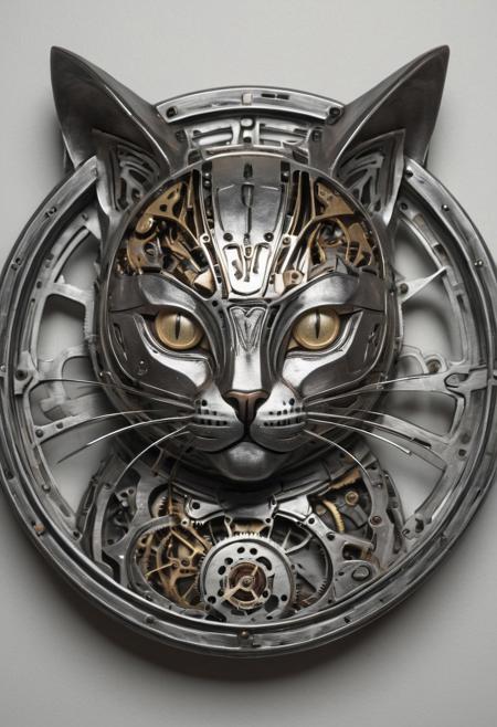 Product photograph, natural lighting, a metal artwork of a cat, clockwork inside, detailed, soft lighting, analog,