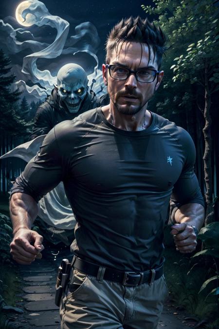 adult man, a photo of ga_zakbag, running, (chased by a ghost:1.2), (apparition, scary, banshee:1.4), chase scene, horror, supernatural, ectoplasm, unnatural glow, eerie, 
male, muscular, fit, black shirt, moustache, goatee, (rimmed glasses:1.1),
outside, castle, woods, trees, shrubbery, night,  moon,
<lora:everlasting_nightmare:0.8>