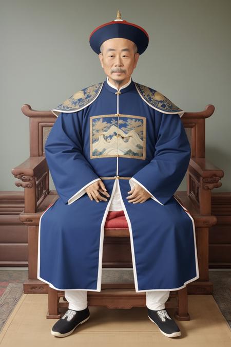 best quality, highres, 1 man sitting, qingstyle, full body, blue Chinese clothes,  qing dynasty official hat, front view,  <lora:Xiang:0.5>