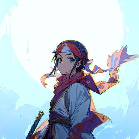 ((masterpiece,best quality,ultra-detailed)), 1girl, solo, kyoukai, scarf, headband, weapon,   <lora:kyoukai-v2:1>