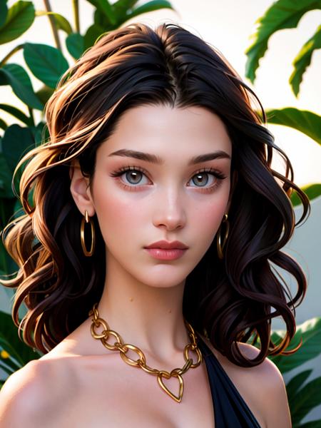 Realistic photo of a beautiful b3ll1h woman, 1girl,solo,long hair,looking at viewer,brown hair,black hair,dress,bare shoulders,jewelry,necklace,black dress,lips,grey eyes,wavy hair,plant,realistic, soft lighting, professional Photography, Photorealistic, detailed, RAW, analog, sharp focus, 8k, HD, high quality, masterpiece<lora:b3ll1h:1.0>