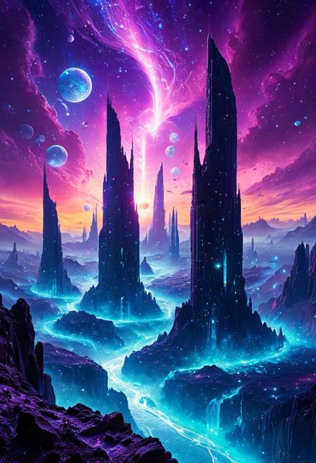 A breathtaking alien city floating in a vast nebula, with colossal bioluminescent towers pulsing with an eerie glow. The streets are made of shimmering liquid light, shifting colors as ethereal beings glide above them. Gigantic crystal formations hover in the air, refracting surreal hues of violet and cyan. Strange celestial flora with glowing tendrils twist around ancient, rune-covered monoliths. The sky is filled with swirling galaxies and twin moons casting an unearthly radiance over the city. The atmosphere is dreamlike, almost surreal, as the air hums with mystical energy. Ultra-detailed, cinematic lighting, 8K, masterpiece.