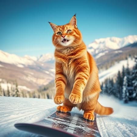 a large ginger cat, stood with his paws tightly gripping a snowboard, a look of exhilaration on his face, slides down a beautiful alpine slope,  forests, mountains, blue sky, a brightly lit scene