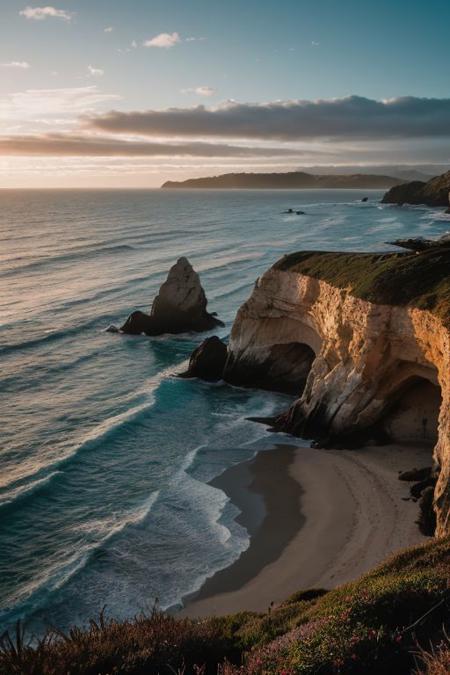 raw photo, a sunset landscape, Valdivian temperate forests coast, Chilean coast,  cozy, photorealistic, high detailed texture, 8k uhd, dslr, soft lighting, high quality, film grain, Fujifilm XT3, Sony A7 IV, highly detailed photography, (muted colors, cinematic, dim colors, soothing tones:1.2), vibrant, insanely detailed, hyperdetailed, (dark shot:1.2), (vsco:0.3), (intricate details:0.9), (hdr, hyperdetailed:1.2) (highest coherency: 1.39) (highest quality: 1.39) (rule of Thirds) (award winning) (breathtaking) (masterclass) (Playa Punta de Lobos)
