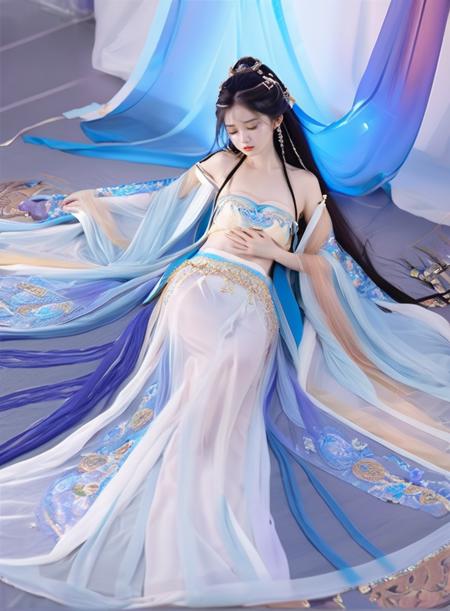 masterpiece,32k,extremely detailed CG unity 8k wallpaper, best quality, vibrant colors, break, china goddess, see-through,1girl,lying,on stomach,prone bone, full body, long hair, black hair, see through clothes, small breasts, off shoulder,transparent shawl, (crying, tear on face)
<lora:sdxl_chinagoddess:0.65>