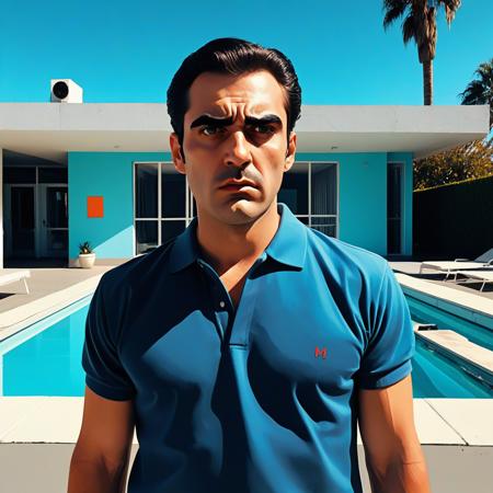 devastatingly handsome Miami blood spatter analyst in a polo shirt, thick dark eyebrows, close-set eyes with thick lashes, bedroom eyes that are completely empty and soulless, European nose, angular face with square jaw, perfect proportions, standing and looking directly at viewer with intense Kubrick stare, head tilted slightly down while eyes look up, unsettling fixed gaze with no emotion behind the eyes, wearing black leather gloves, holding a scalpel, arms at his side with hands hanging at waist level, handsome facade masking complete emptiness, fullbody, crime scene tape,, vibrant acrylic painting style, bold flat colors, clean geometric compositions, bright California sunlight, crisp shadows, modernist architecture, swimming pool blue tones, perfectly manicured landscapes, mid-century modern aesthetic, saturated color palette, smooth gradients, minimal detail work, contemporary pop art influence, architectural precision, optimistic 1960s atmosphere,