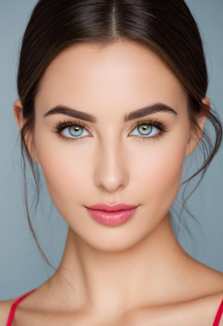 ultra-realistic portrait of an exceptionally attractive young woman, framed from head to cleavage, symmetrical and elegant face, smooth olive-toned skin, almond-shaped light blue eyes with long dark lashes, naturally thick arched eyebrows, full soft pink lips, defined cheekbones, straight nose, minimal natural makeup, calm and confident expression, shoulder-length wavy dark brown hair parted to the side, wearing a red spaghetti strap top, cinematic soft lighting, DSLR-level detail, shallow depth of field, subtle background blur, soft skin glow, high-resolution beauty photography