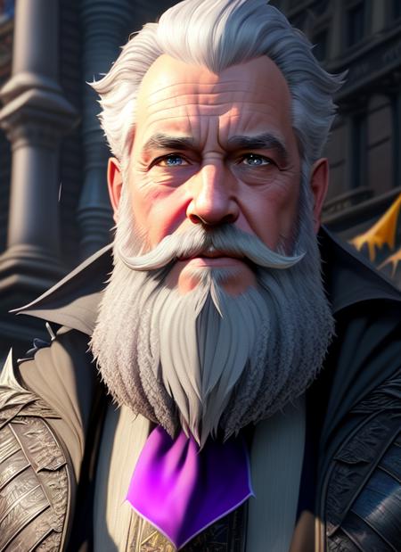 (extremely detailed CG unity 8k wallpaper),(masterpiece), (best quality), (face portrait of:1.4) an old wizard with grey beard (high detailed realistic beard), city street, fantasy empire, Style-Glorious,  crowd, lots of plants, purple flags, godrays warm colors, hyperrealistic, , detailed background, ultra detailed by greg rutkowski