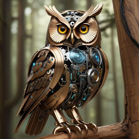Create a detailed image of an owl with cybernetic enhancements. Its feathers blend seamlessly into metal plating, and its eyes are glowing with digital interfaces. The owl is perched on a solitary branch, its mechanical claws gripping the wood, and a small antenna protruding from its head, indicating advanced communication abilities.