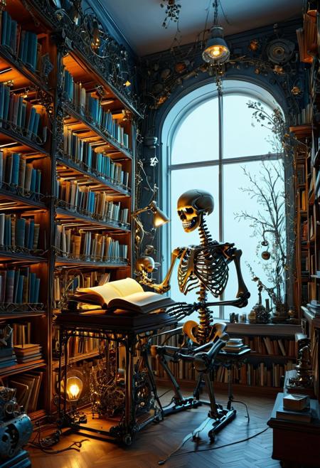 A 3D representation of a surrealist scene features a robotic skeleton engaged in reading a book. The robotic skeleton exhibits meticulously detailed metallic bones, adorned with gears, wires, and circuits. Its partially robotic skull includes glowing eyes and exposed wires. The skeleton is seated in an indistinct room reminiscent of a library, with a high ceiling and multiple levels of shelves filled with books. Additional objects, such as lamps and vases, are crafted from mechanical components. The background presents a dreamlike, unsettling landscape where mechanical parts and organic forms intermingle.