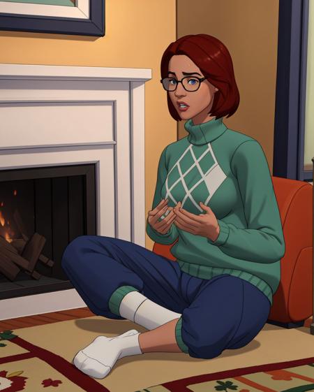 (masterpiece, best quality, high resolution:1.3),  <lora:spec_style_V3:0.4> spec style, sitting indianstyle on a white sofa, thick sweater, baggy sweatpants, (argyle socks:1.2),  <lora:el1z4TS4:0.6> el1z4ts4, auburn hair, rectangular black-framed eyewear, roaring hearth,