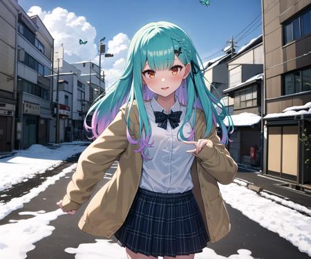 <lora:longrushialast:1>, longrushia,  1girl, solo, uruha rushia, highres, 1girl, aqua hair, gradient hair,multicolored hair, jewelry, white shirt, brown cardigan, sleeves past fingers, skirt, butterfly hair ornament, city, snow, cloud, road covered with snow, mufflers, Tokyo, shibuya, shinjyuku, city in the snow