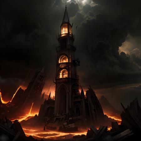 (masterpiece:1.2), (best quality,:1.2), 8k, HDR, ultra detailed, ((photorealistic)), professional light, cinematic lighting, fashion photography, ambient lighting, atmospheric effects, a sinister gothic tower on an island in a sea of fire, <lora:RealmsOfFire-10:1>, epiCPhoto