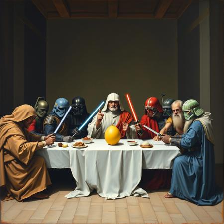 Star Wars characters recreating the last supper. Oil paint on canvas. In the style of Leonardo Davinci.