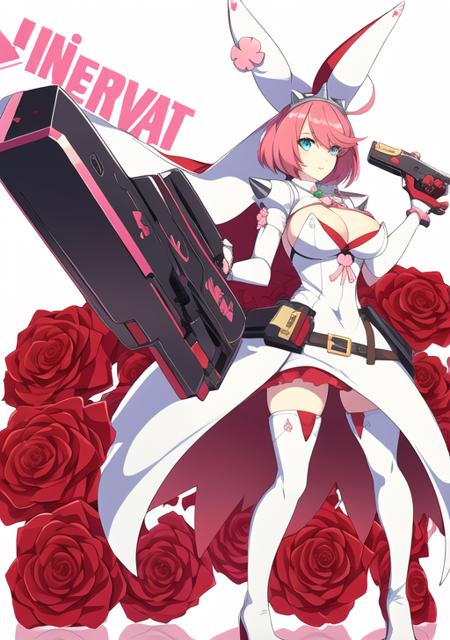 <lora:elphelt_valentine:0.7> elphelt,  1girl, solo, breasts, short hair, blue eyes, large breasts, simple background, thighhighs, gloves, white background, dress, holding, animal ears, cleavage, full body, weapon, pink hair, flower, ahoge, hairband, boots, holding weapon, white dress, rabbit ears, high heels, gun, fake animal ears, rose, thigh boots, red flower, holding gun, veil, spikes, handgun, red rose, wedding dress, bridal veil, huge ahoge, clover, four-leaf clover