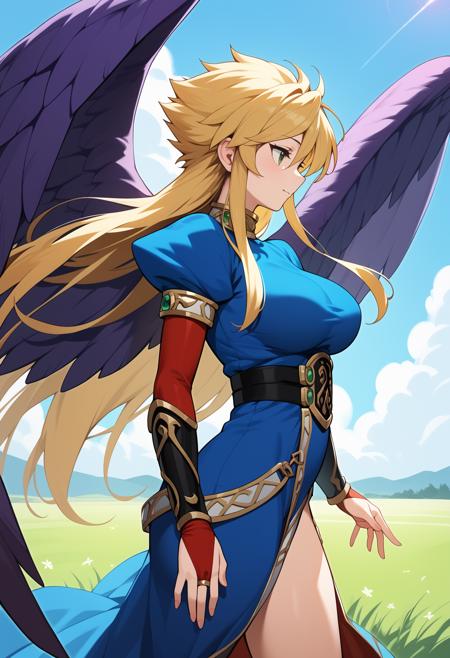 aanina, long hair, blonde hair, green eyes, large breasts, feathered wings, purple wings, blue dress, puffy sleeves, bridal gauntlets, side slit