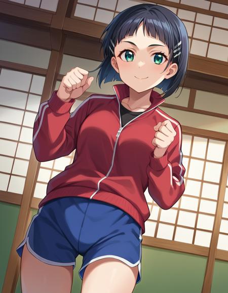 suguha kirigaya, short hair, black hair, hair ornament, hairclip, green eyes, suguha kirigaya, long hair, blonde hair, hair between eyes, green eyes, ponytail, braid, pointy ears, twin braids, jacket, shorts, short shorts, blue shorts, track jacket, dolphin shorts, gym shorts, red jacket, shirt, black shirt, thighhighs, cleavage, wings, green dress, fairy wings, fairy, multiple wings, spread wings, energy wings, glowing wings, green wings,