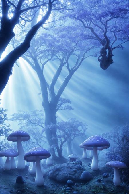 misty enchanted forest, glowing mushrooms scattered on the forest floor, ancient trees with twisting branches, soft blue and purple lighting, gentle fog rays through trees, fantasy magical vibe, high detail forest floor