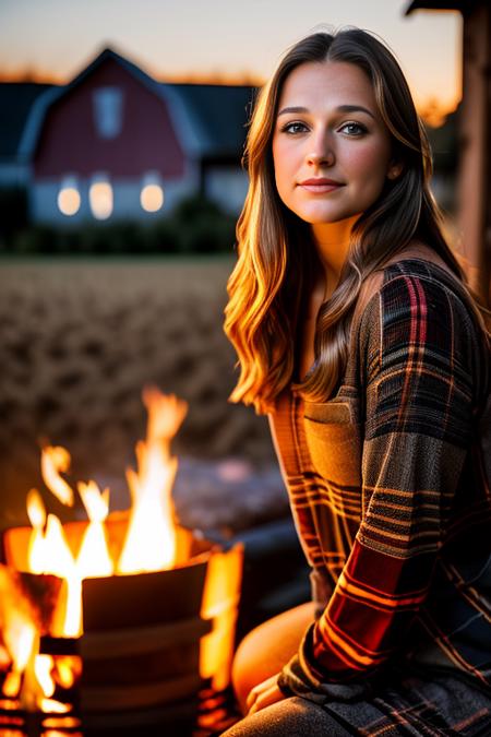 half portrait of MarileeSD15 wearing flannel pajamas ((sitting next to a campfire on a farm)), farmhouse in the background, natural skin texture, 24mm, 4k textures, adobe lightroom, photolab, elegant, highly detailed, sharp focus, natural warm even lighting, soothing tones, insane details, intricate details, hyperdetailed, exposure blend, (extreme face details), ((night scene with black dark night sky and stars)), face lit by firelight