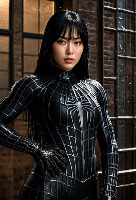 score_9, score_8_up, score_7_up, best quality, realistic, masterpiece, beautiful detail, hyperrealistic, cafe, ((1girl, woman body, huge breasts)), amazing detailed full body portrait of a beautiful japanese girl, wearing a realistic and highly detailed black raimi spider-man suit, ((huge muscular girl)), professional model wears ultra - detailed black raimi spider - man suit, ultra - detailed and grained black raimi spiderman suit, suit covered entire body and hand, black spiderman gloves, wet, (black hair), (cute pose), (dirty skin), close up, octane render, highly detailed, volumetric, dramatic lighting, (highest quality:1.1), (HDR:1.3), (top quality, best quality), realistic, high definition, Expressionism - sharp focus, professional photography, masterpiece, ultra detailed photograph, high quality, 8k,