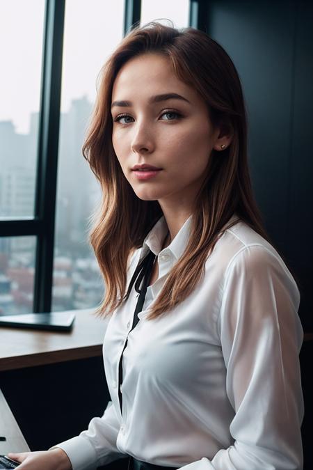 KellyC_SoloTI_v1,
 (In a crisp white button-up shirt, with a sleek black tie, for a professional and authoritative look), (A modern law firm during the day, with glass walls and polished wood desks, colleagues engaged in intense discussions, focused atmosphere:1.3), (seductive:1.3),(analog, cinematic, film grain, hazy atmosphere, cinematic shot:1.3),
 <lora:add_detail:0.6>, PA7_Portrait-MCU,