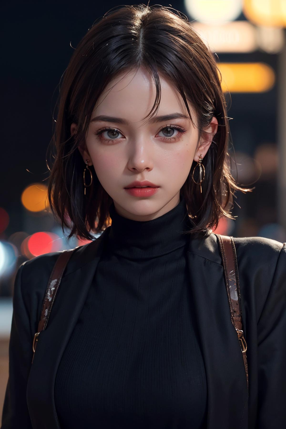 A woman wearing a black turtleneck and earrings at night.