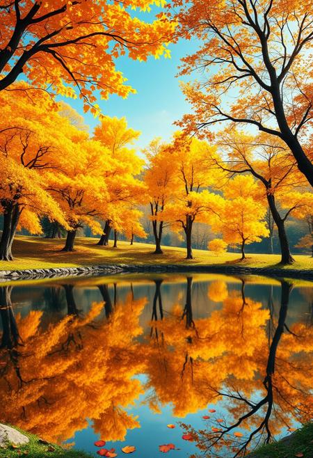 Stunning detail reflection of golden and orange katsura trees around a natural round lake, autumn, realistic, wide shot, art style of Studio Ghibli, magical, whimsical atmosphere, vibrant colors, beautifully lit, serene landscape