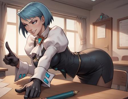 fvonkarmadg, short hair, blue hair, blue eyes, miniskirt, puffy sleeves, pencil skirt, gloves,ascot, black vest,