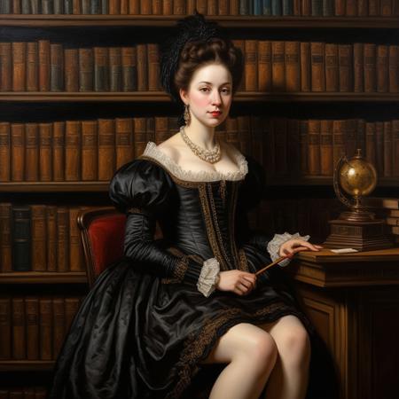 (oil painting, in Rembrandt style), ((NSFW)), a rich woman in the library, looking at viewer, (DV_Chani_Vicious)