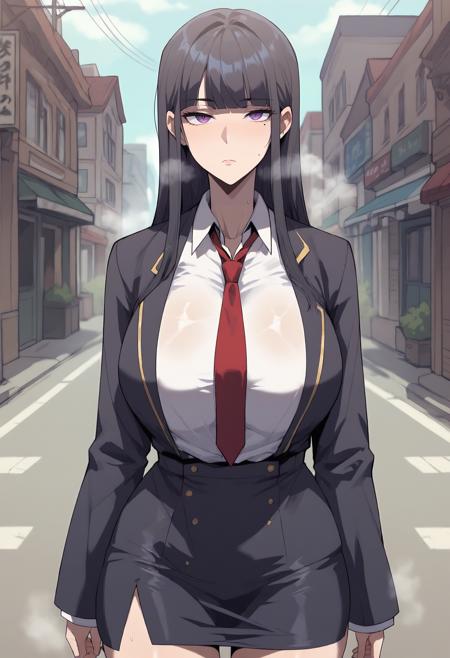 long hair, mole under eye, black hair, blunt bangs, sidelocks, purple eyes black jacket, red necktie, white shirt, collared shirt, long sleeves, pencil skirt, black skirt