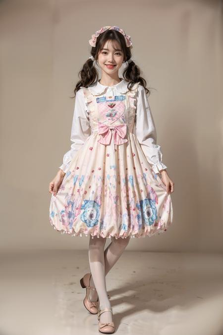 best quality, masterpiece, realistic, photorealistic, 1girl, solo, looking at viewer, smile, full body, standing, low twintails, hair bow, hair hair ornament, hair ribbon, bangs, cyb dress, white shirt, pinafore dress, print dress, white pantyhose, shoes, simple background, <lora:sweet_attire_style3_v1:0.7>