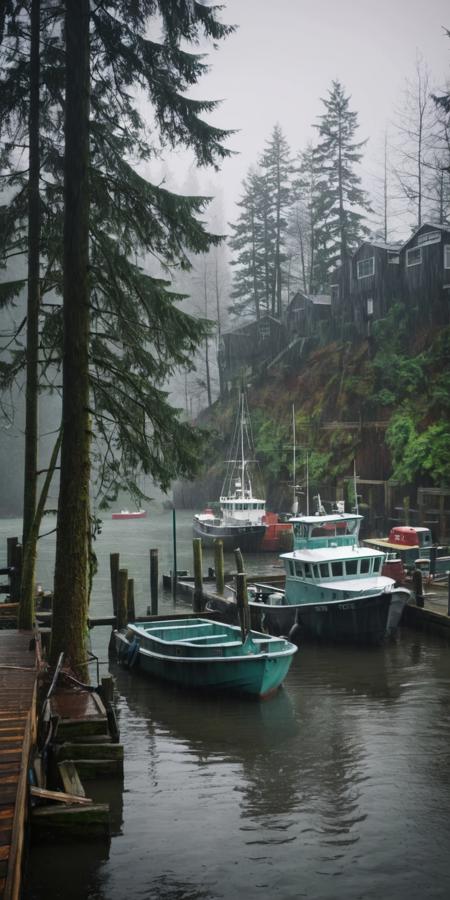 <lora:PacificNorthwest:1>PacificNorthwest, forest, port, boats, misty, depth of field, haze, halation, Photorealistic, Hyperrealistic, Hyperdetailed, analog style, rain, gloom, river, dock