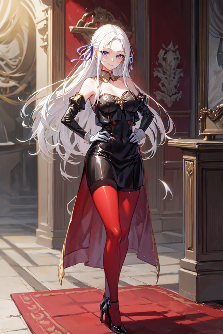 edelgard von hresvelg, 1girl, white hair, purple eyes, long hair, hair ribbon, black dress, black jacket, black shorts, red cape, red pantyhose, white gloves, high heels, ascot