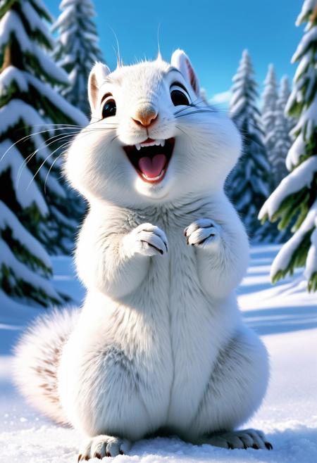 Centered, Incredibly Detailed Accurate Picture Of  A all-white snow squirrel laughs excitedly, Pixar, CGI 1995, Bob Ross
