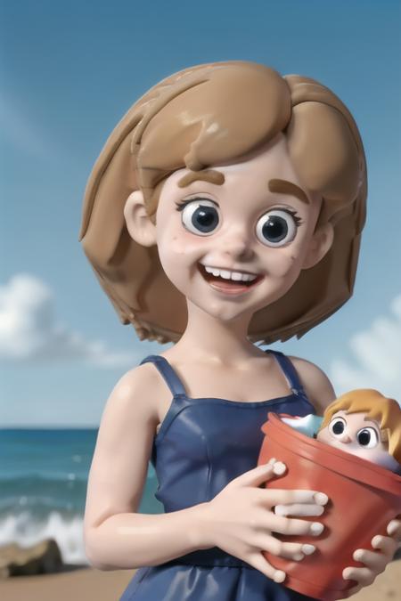 1girl, claymation, , 80's anime style, by the ocean shore  in the waves, water splashing, smiling <lora:TFM_DollJam:0.4> DollJam, holding a bucket