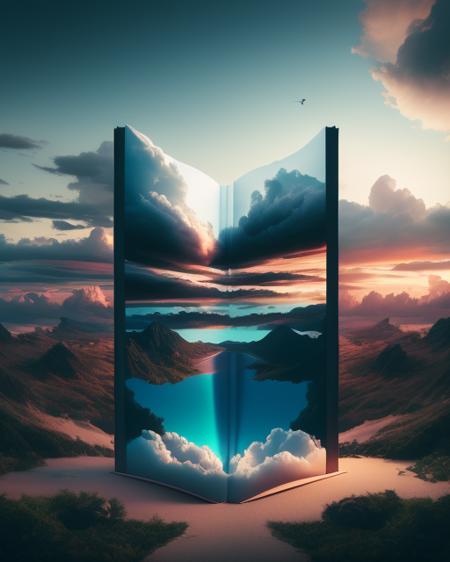 a giant surreal book,open art,in |,masterpiece,cloudy solo,sky sky,standing daily 1other,behind,art outdoors,fantasy front beeple 3 scenery,man cloud,standing,artgem water,landscape,beeple,style,d symmetrical realism from and | of artwork,render digital,cloud,sky,solo,scenery