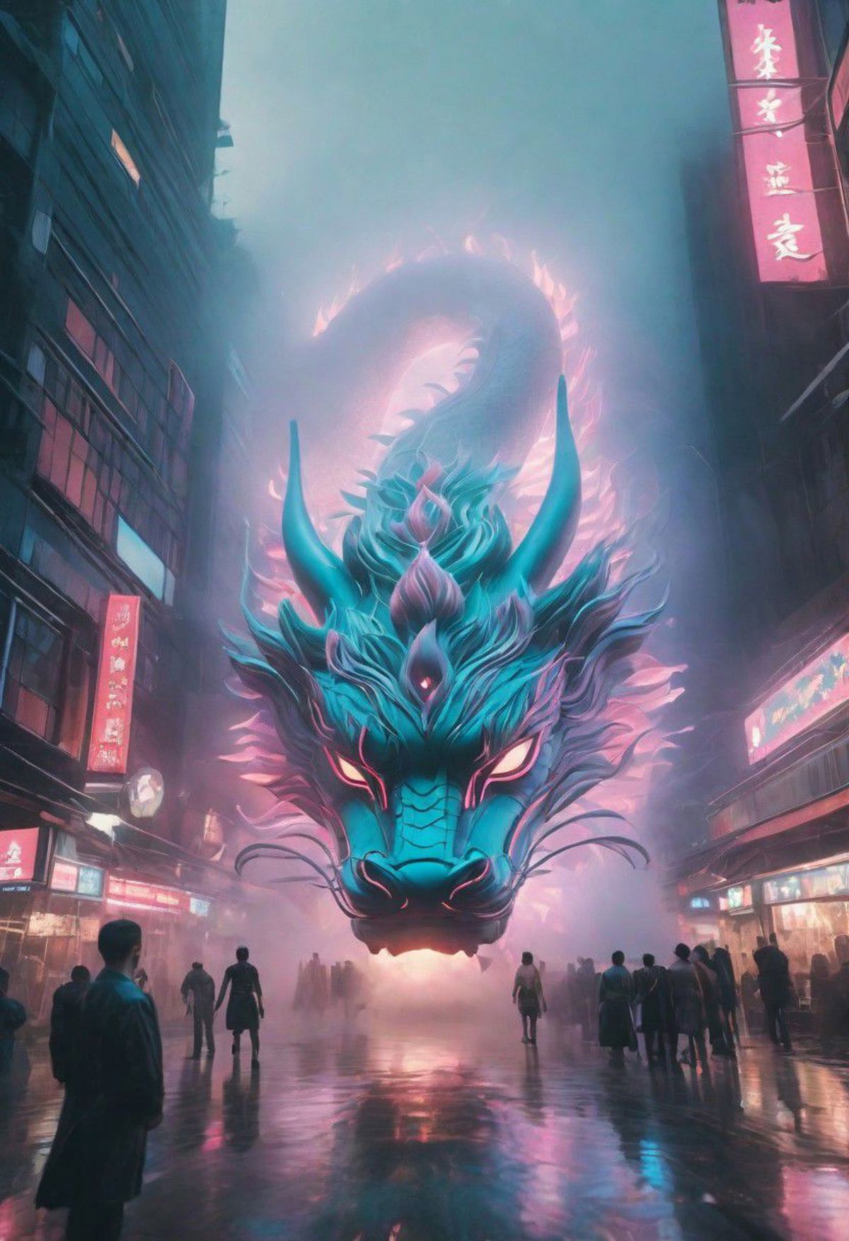 Capture the awe-inspiring sight of a colossal, mystical Chinese eastern dragon weaving through a labyrinth of urban buildi...