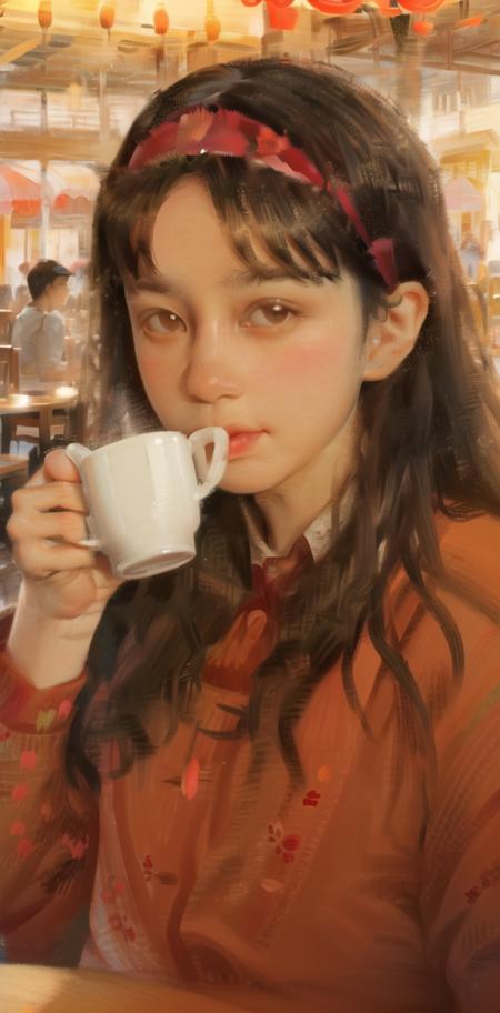 1girl, solo, cup, hairband, black hair, long hair, drinking, table, looking at viewer, holding, teacup, brown eyes, bangs, upper body, holding cup, realistic, oil painting<lora:water_lily:0.9:OUTALL>